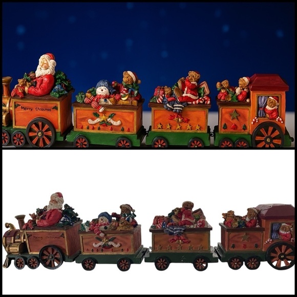 Other - CHRISTMAS TRAIN DECOR WOOD RESIN 4 PIECES SANTA TEDDY BEARS SNOWMEN 28”Long